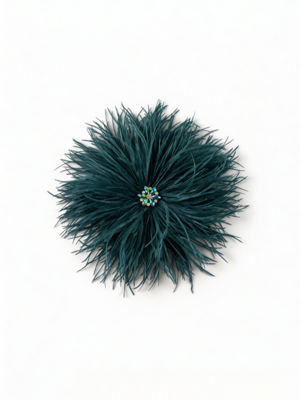 dark green Feather Brooch with Rhinestones