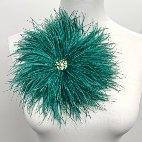 dark green Feather Brooch with Rhinestones