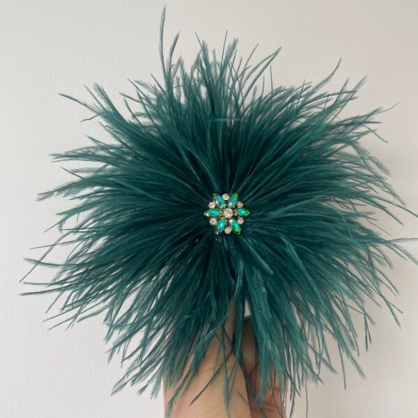 dark green Feather Brooch with Rhinestones